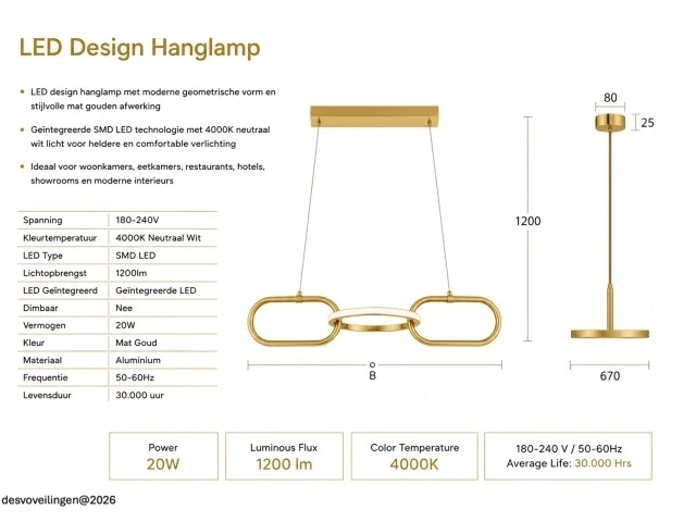 Led design hanglamp 20w – 4000k neutraal wit - rose gold – ip20 – empire-20 - afbeelding 5 van  6