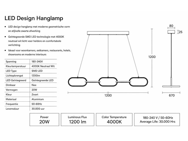 Led design hanglamp 20w – 4000k neutraal wit - zwart – ip20 – empire-20 - afbeelding 4 van  5