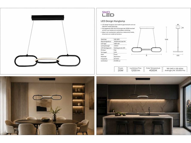 Led design hanglamp 20w – 4000k neutraal wit - zwart – ip20 – empire-20 - afbeelding 5 van  5