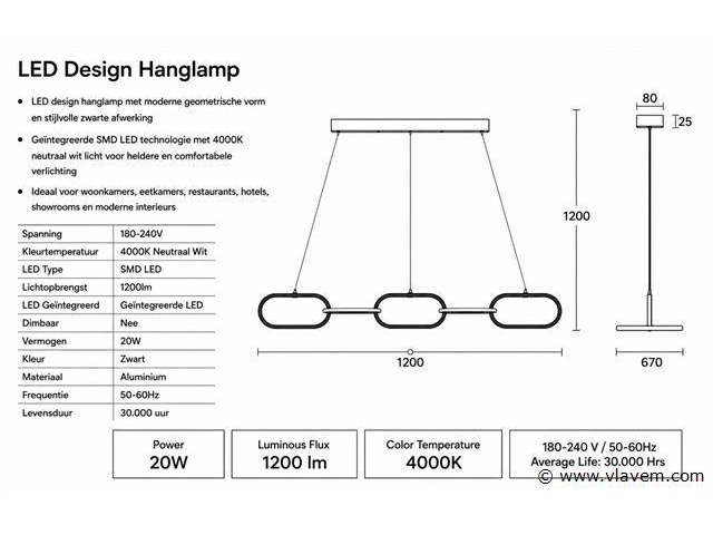 Led design hanglamp 20w – 4000k neutraal wit - zwart – ip20 – empire-20 - afbeelding 4 van  5
