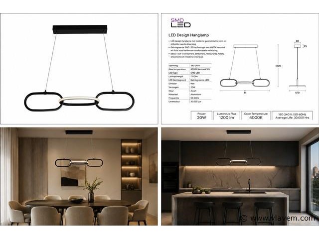 Led design hanglamp 20w – 4000k neutraal wit - zwart – ip20 – empire-20 - afbeelding 5 van  5