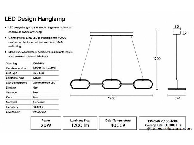 Led design hanglamp 20w – 4000k neutraal wit - zwart – ip20 – empire-20 - afbeelding 4 van  5