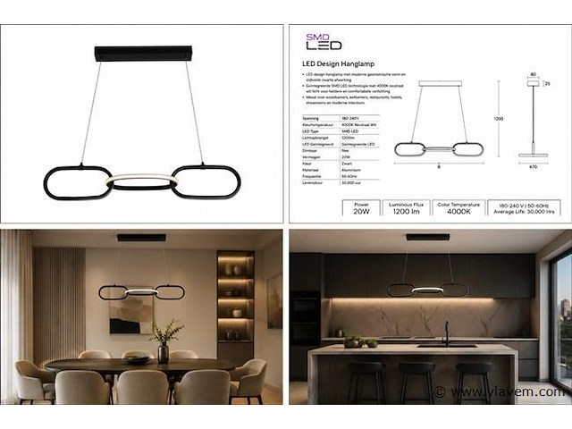 Led design hanglamp 20w – 4000k neutraal wit - zwart – ip20 – empire-20 - afbeelding 5 van  5