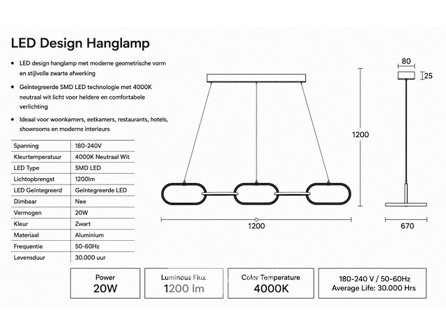Led design hanglamp 20w – 4000k neutraal wit - zwart – ip20 – empire-20 - afbeelding 5 van  6
