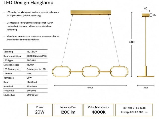 Led design hanglamp 36w – 4000k neutraal wit - rose gold – ip20 – empire-36 - afbeelding 1 van  5