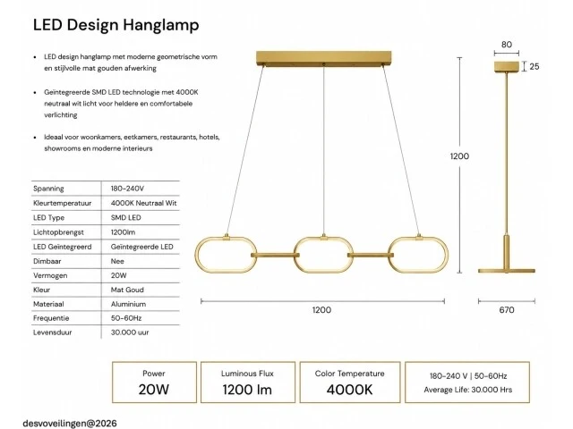 Led design hanglamp 36w – 4000k neutraal wit - rose gold – ip20 – empire-36 - afbeelding 5 van  6