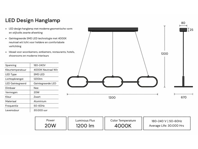 Led design hanglamp 36w – 4000k neutraal wit - zwart – ip20 – empire-36 - afbeelding 4 van  5