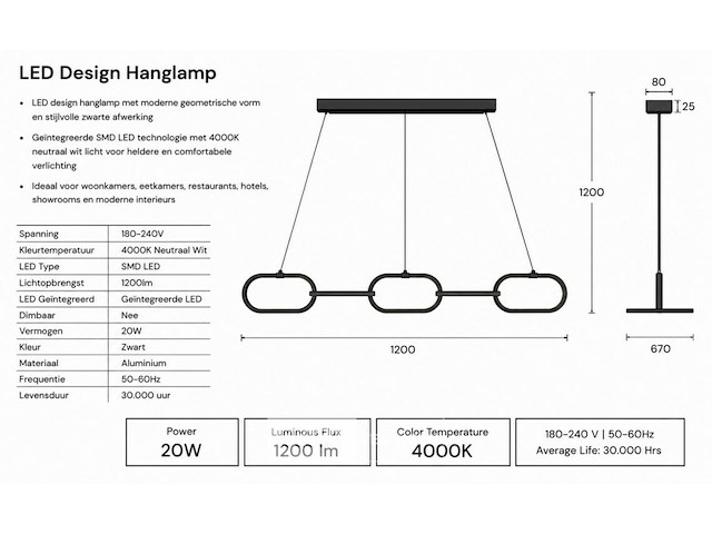 Led design hanglamp 36w – 4000k neutraal wit - zwart – ip20 – empire-36 - afbeelding 5 van  6