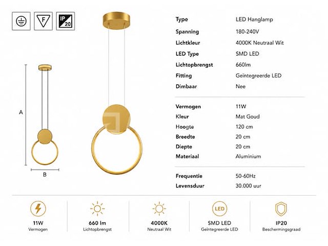 Led hanglamp 11w – 4000k neutraal wit - goud – ip20 – forever - afbeelding 4 van  5