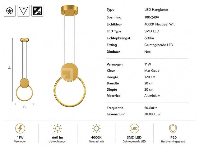 Led hanglamp 11w – 4000k neutraal wit - goud – ip20 – forever - afbeelding 4 van  5