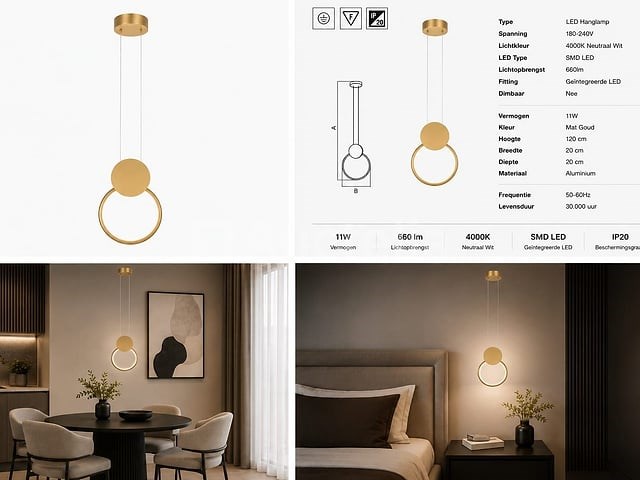 Led hanglamp 11w – 4000k neutraal wit - goud – ip20 – forever - afbeelding 5 van  5