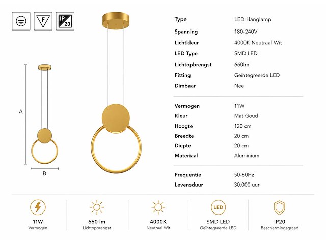 Led hanglamp 11w – 4000k neutraal wit - goud – ip20 – forever - afbeelding 4 van  5