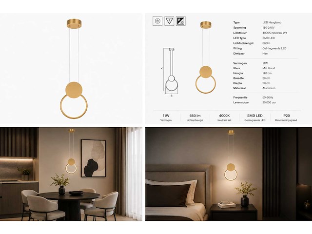 Led hanglamp 11w – 4000k neutraal wit - goud – ip20 – forever - afbeelding 5 van  5