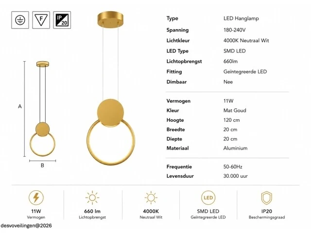 Led hanglamp 11w – 4000k neutraal wit - goud – ip20 – forever - afbeelding 5 van  6