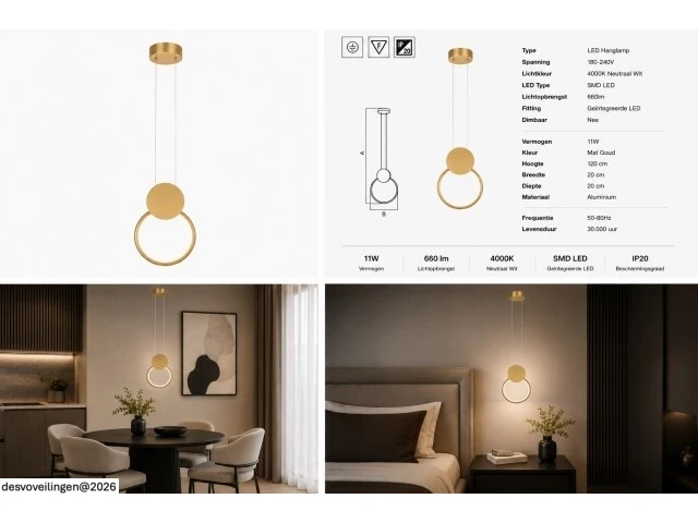 Led hanglamp 11w – 4000k neutraal wit - goud – ip20 – forever - afbeelding 6 van  6