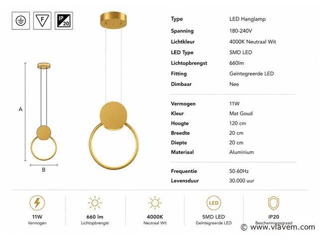 Led hanglamp 11w – 4000k neutraal wit - goud – ip20 – forever - afbeelding 4 van  5