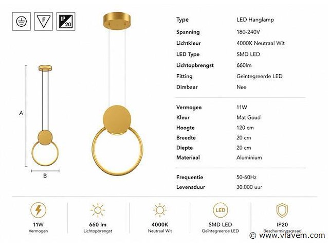 Led hanglamp 11w – 4000k neutraal wit - goud – ip20 – forever - afbeelding 4 van  5