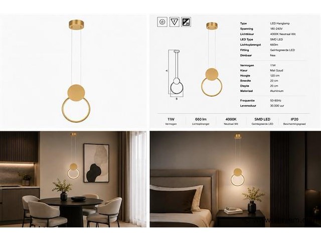 Led hanglamp 11w – 4000k neutraal wit - goud – ip20 – forever - afbeelding 5 van  5