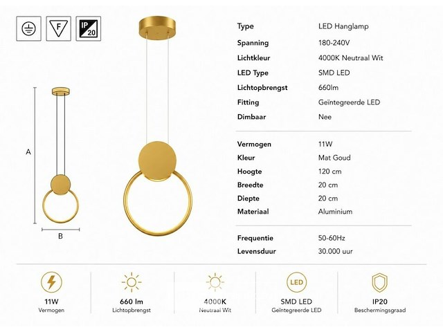 Led hanglamp 11w – 4000k neutraal wit - goud – ip20 – forever - afbeelding 5 van  6