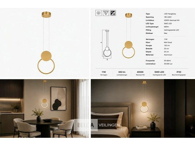Led hanglamp 11w – 4000k neutraal wit - goud – ip20 – forever - afbeelding 6 van  6