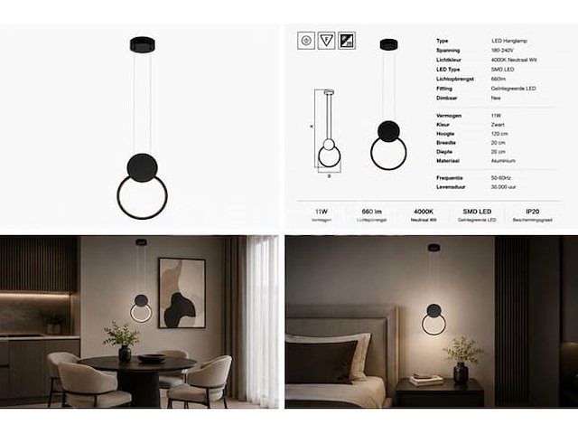 Led hanglamp 11w – 4000k neutraal wit - zwart – ip20 – forever - afbeelding 4 van  5