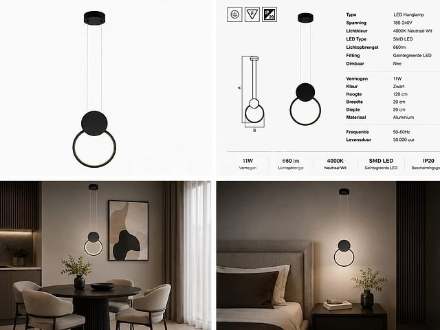 Led hanglamp 11w – 4000k neutraal wit - zwart – ip20 – forever - afbeelding 5 van  5