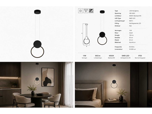 Led hanglamp 11w – 4000k neutraal wit - zwart – ip20 – forever - afbeelding 2 van  2