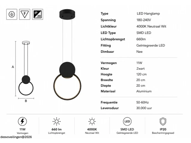 Led hanglamp 11w – 4000k neutraal wit - zwart – ip20 – forever - afbeelding 5 van  6