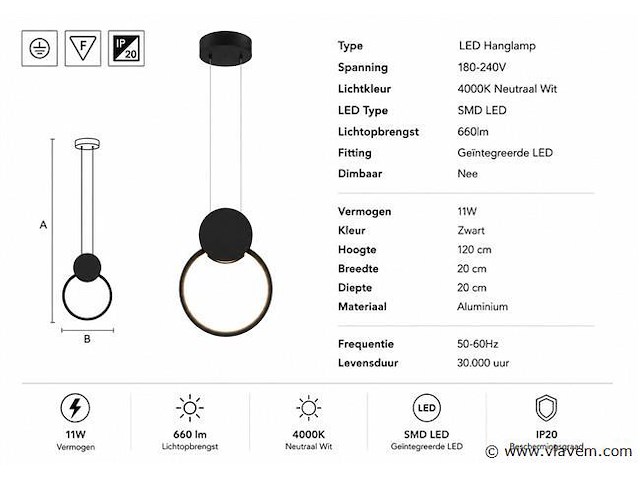 Led hanglamp 11w – 4000k neutraal wit - zwart – ip20 – forever - afbeelding 4 van  5