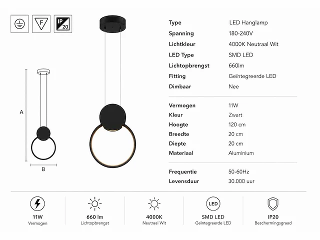 Led hanglamp 11w – 4000k neutraal wit - zwart – ip20 – forever - afbeelding 4 van  5
