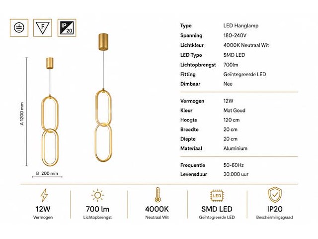 Led hanglamp 12w – 4000k neutraal wit - goud – ip20 – santana - afbeelding 4 van  5
