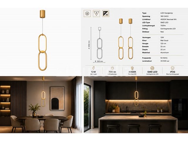 Led hanglamp 12w – 4000k neutraal wit - goud – ip20 – santana - afbeelding 5 van  5