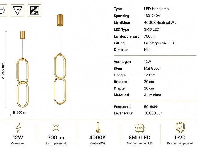 Led hanglamp 12w – 4000k neutraal wit - goud – ip20 – santana - afbeelding 1 van  5