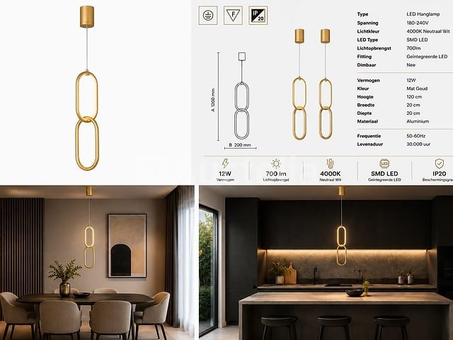 Led hanglamp 12w – 4000k neutraal wit - goud – ip20 – santana - afbeelding 3 van  5