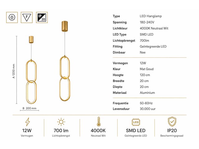 Led hanglamp 12w – 4000k neutraal wit - goud – ip20 – santana - afbeelding 4 van  5