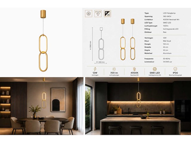 Led hanglamp 12w – 4000k neutraal wit - goud – ip20 – santana - afbeelding 5 van  5