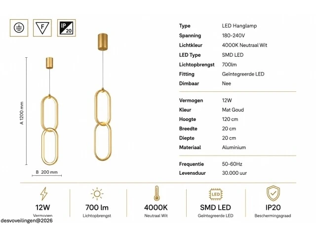 Led hanglamp 12w – 4000k neutraal wit - goud – ip20 – santana - afbeelding 5 van  6