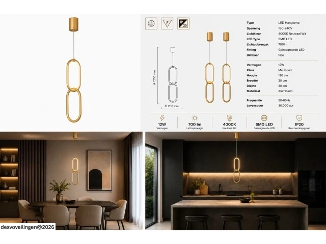 Led hanglamp 12w – 4000k neutraal wit - goud – ip20 – santana - afbeelding 6 van  6