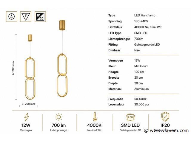 Led hanglamp 12w – 4000k neutraal wit - goud – ip20 – santana - afbeelding 4 van  5