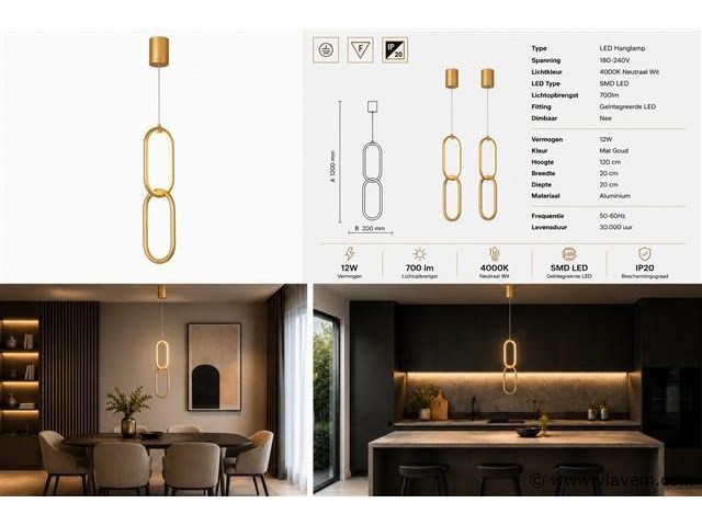 Led hanglamp 12w – 4000k neutraal wit - goud – ip20 – santana - afbeelding 5 van  5