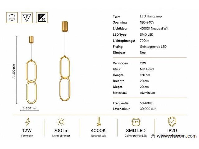 Led hanglamp 12w – 4000k neutraal wit - goud – ip20 – santana - afbeelding 4 van  5