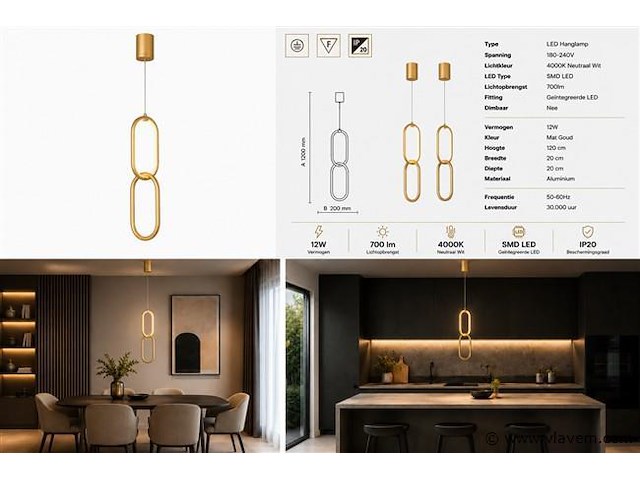 Led hanglamp 12w – 4000k neutraal wit - goud – ip20 – santana - afbeelding 5 van  5