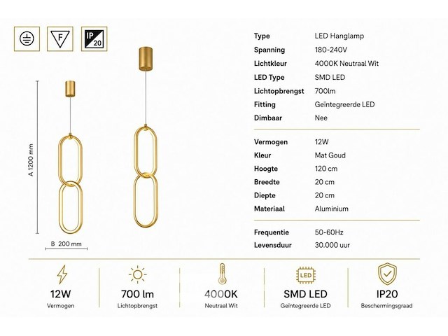 Led hanglamp 12w – 4000k neutraal wit - goud – ip20 – santana - afbeelding 5 van  6