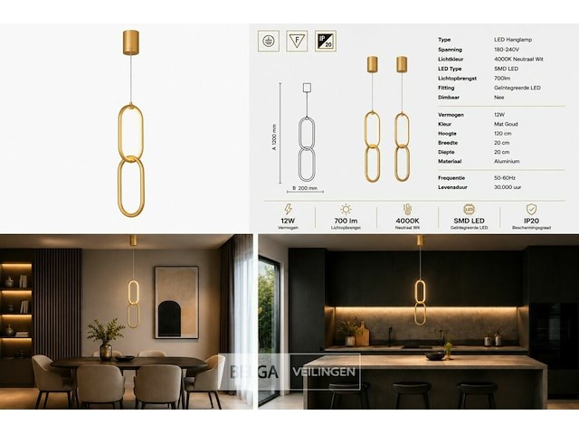 Led hanglamp 12w – 4000k neutraal wit - goud – ip20 – santana - afbeelding 6 van  6