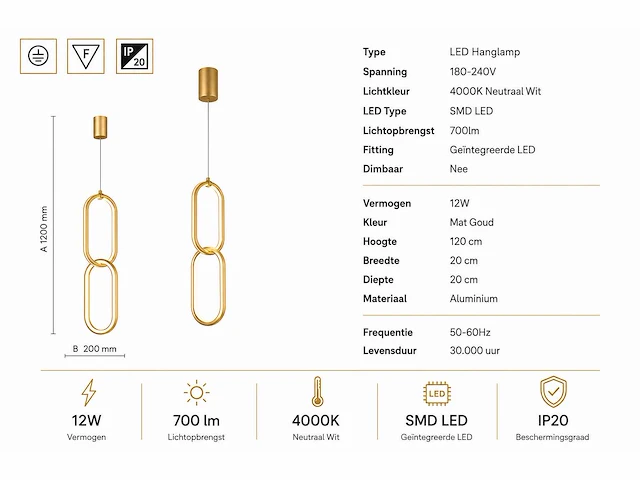 Led hanglamp 12w – 4000k neutraal wit - goud – ip20 – santana - afbeelding 4 van  5