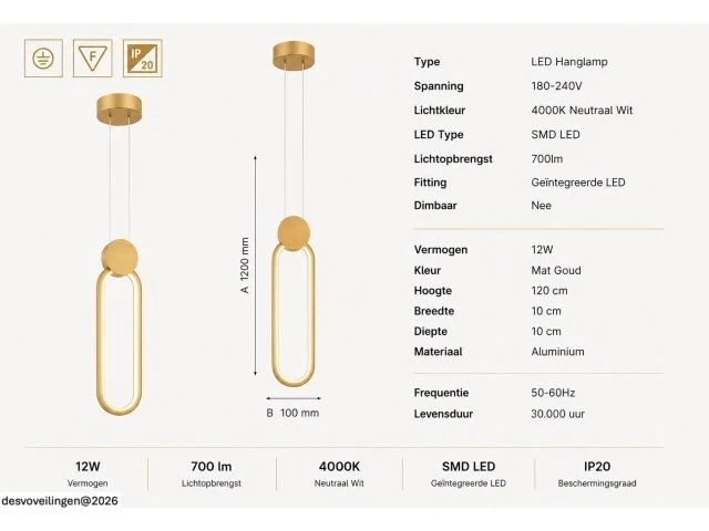 Led hanglamp 12w – 4000k neutraal wit - rose gold – ip20 – always - afbeelding 5 van  6