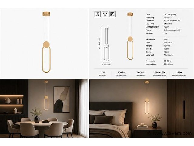 Led hanglamp 12w – 4000k neutraal wit - rose gold – ip20 – always - afbeelding 5 van  5