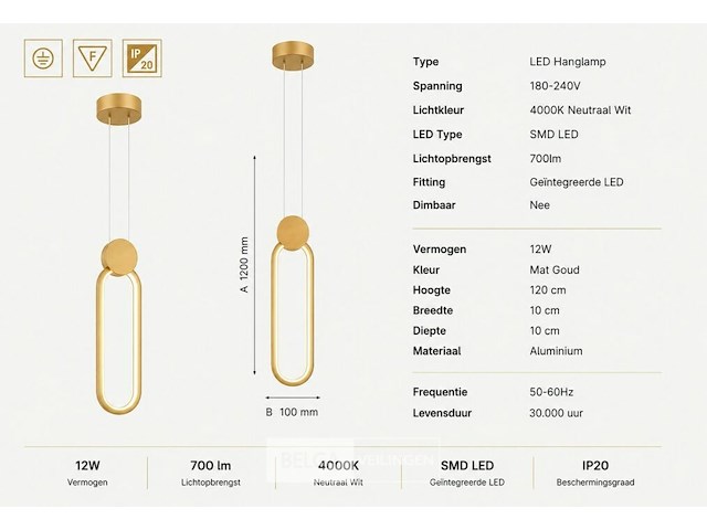 Led hanglamp 12w – 4000k neutraal wit - rose gold – ip20 – always - afbeelding 5 van  6