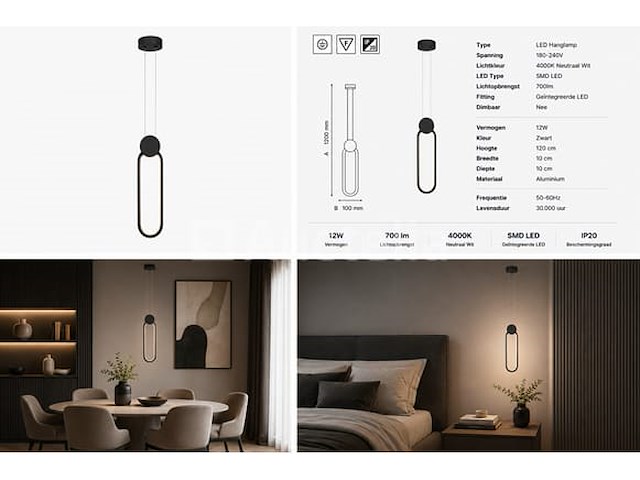 Led hanglamp 12w – 4000k neutraal wit - zwart – ip20 – always - afbeelding 4 van  5