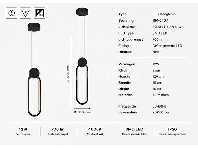 Led hanglamp 12w – 4000k neutraal wit - zwart – ip20 – always - afbeelding 5 van  5